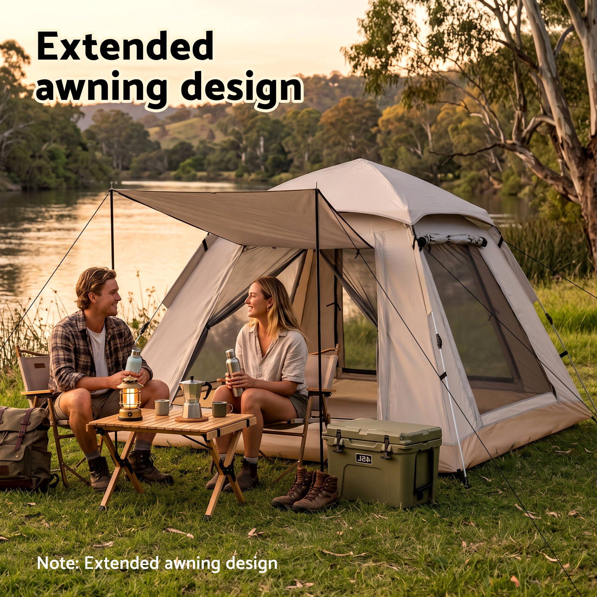 Camping Tent with Awning, 210D Oxford Fabric, 210 × 210 cm, Khaki | Weisshorn - Image 4