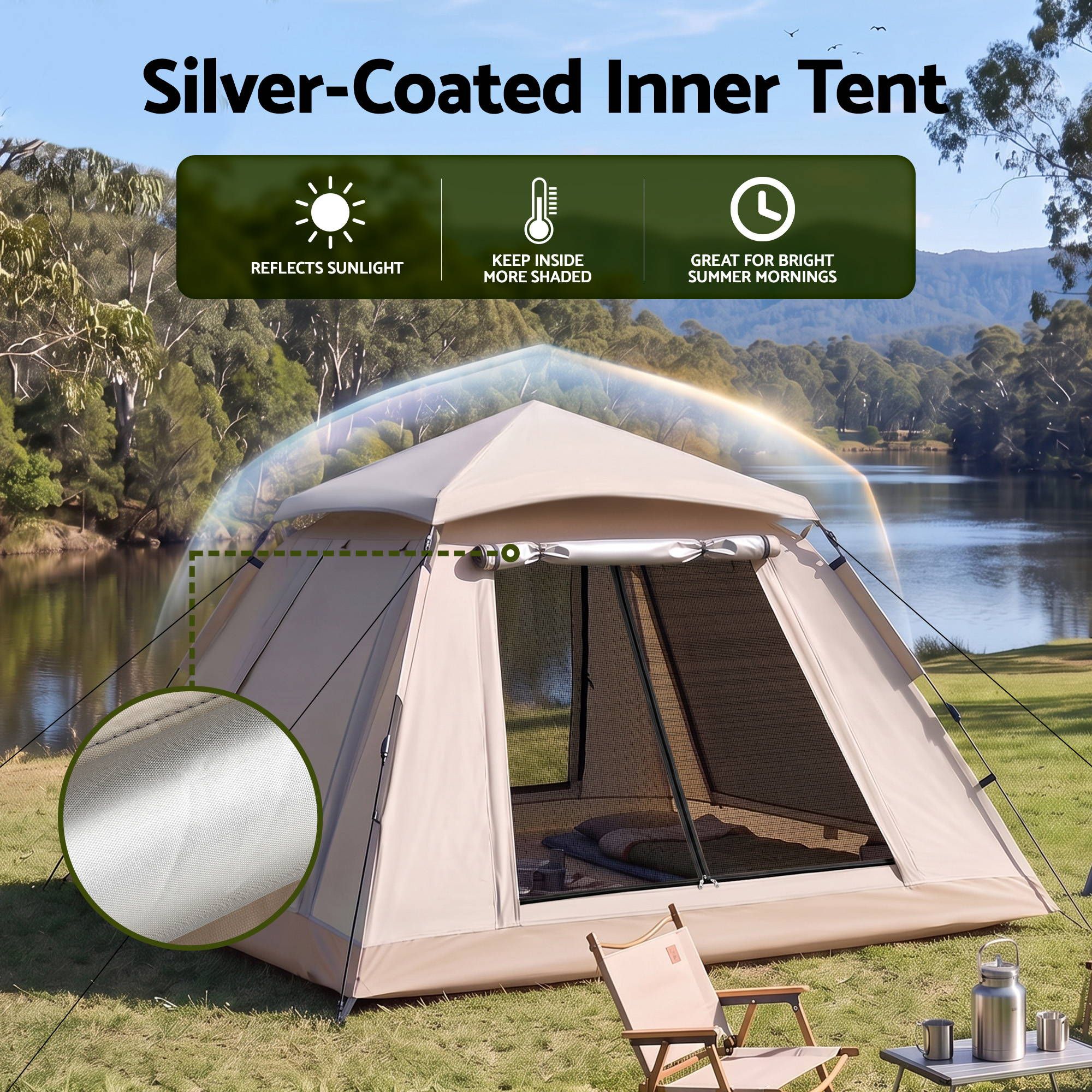 Camping Tent with Awning, 210D Oxford Fabric, 210 × 210 cm, Khaki | Weisshorn - Image 6