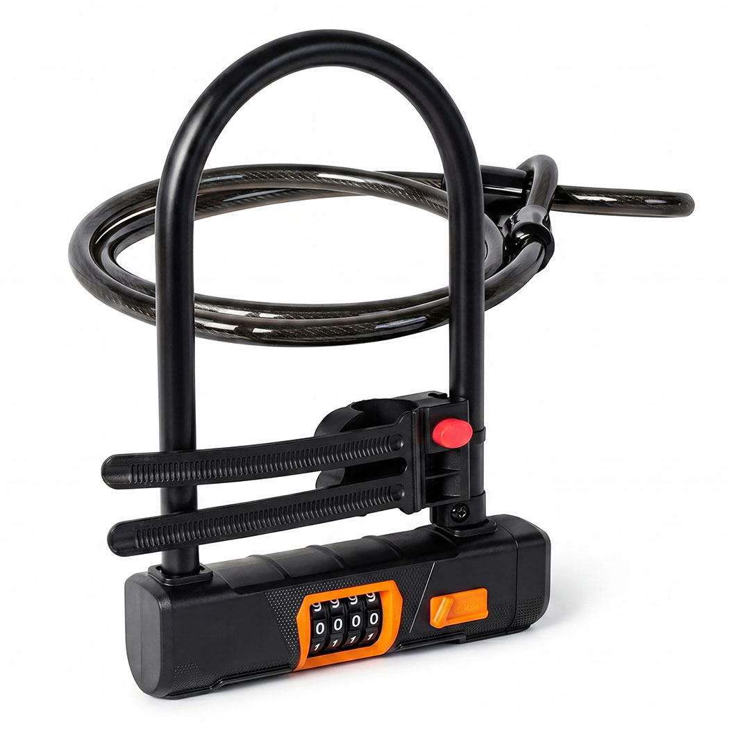 4 Digit Bicycle D Lock with Security Cable, Keyless Bike and Scooter Lock